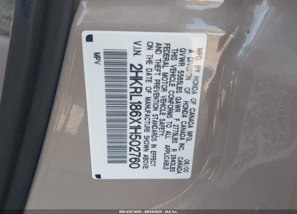 2001 HONDA ODYSSEY EX VIN: 2HKRL186X1H502760