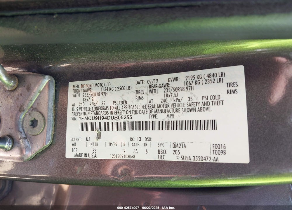 2013 FORD ESCAPE SEL VIN: 1FMCU9H94DUB05255