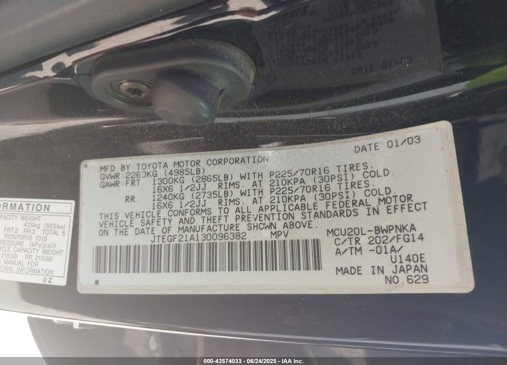 2003 TOYOTA HIGHLANDER V6 VIN: JTEGF21A130096382