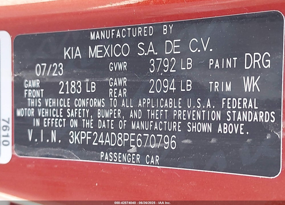 2023 KIA FORTE VIN: 3KPF24AD8PE670796