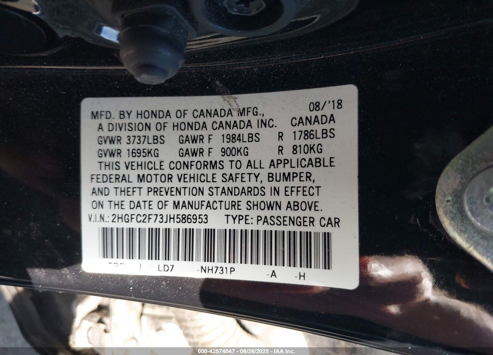 2018 HONDA CIVIC VIN: 2HGFC2F73JH586953