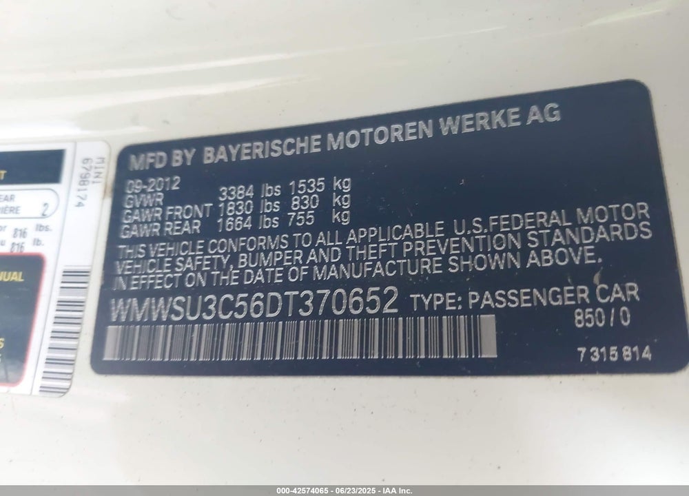 2013 MINI HARDTOP VIN: WMWSU3C56DT370652