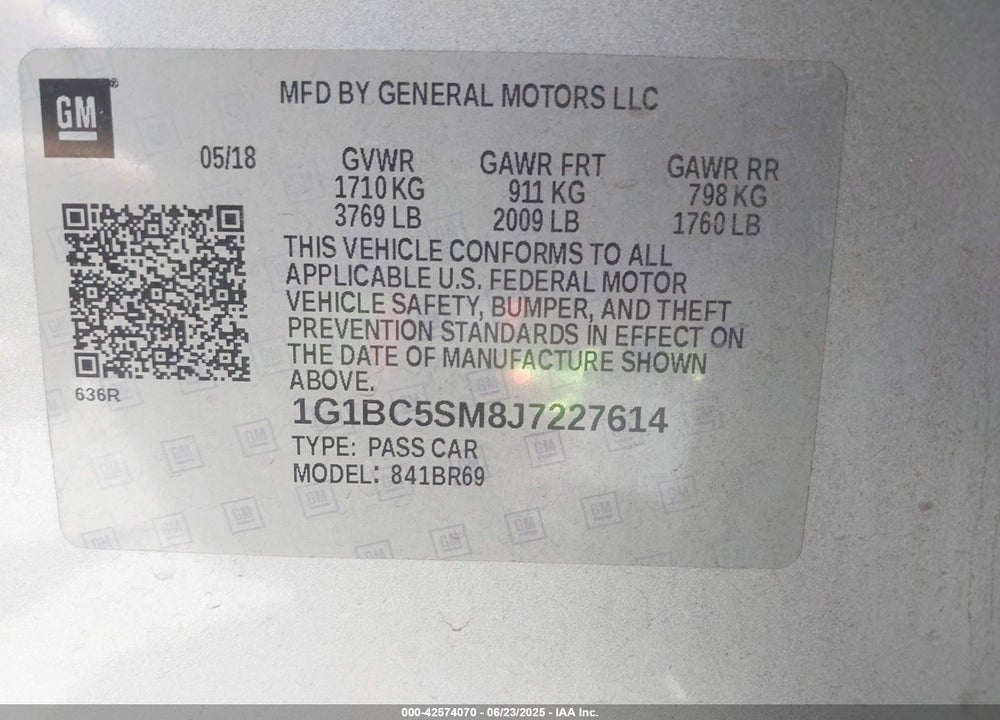 2018 CHEVROLET CRUZE VIN: 1G1BC5SM8J7227614