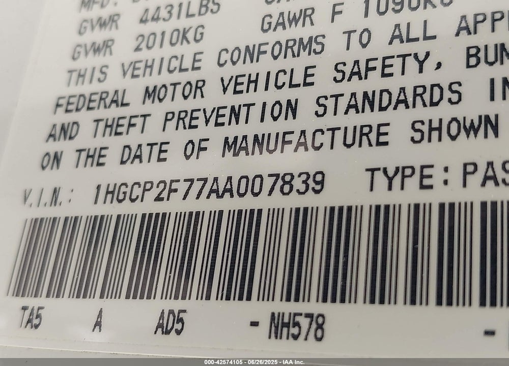 2010 HONDA ACCORD VIN: 1HGCP2F77AA007839