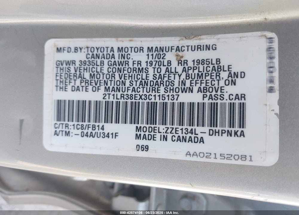 2003 TOYOTA MATRIX/XR VIN: 2T1LR38EX3C115137