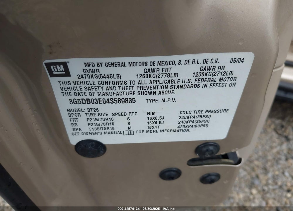 2004 BUICK RENDEZVOUS CX VIN: 3G5DB03E04S589835