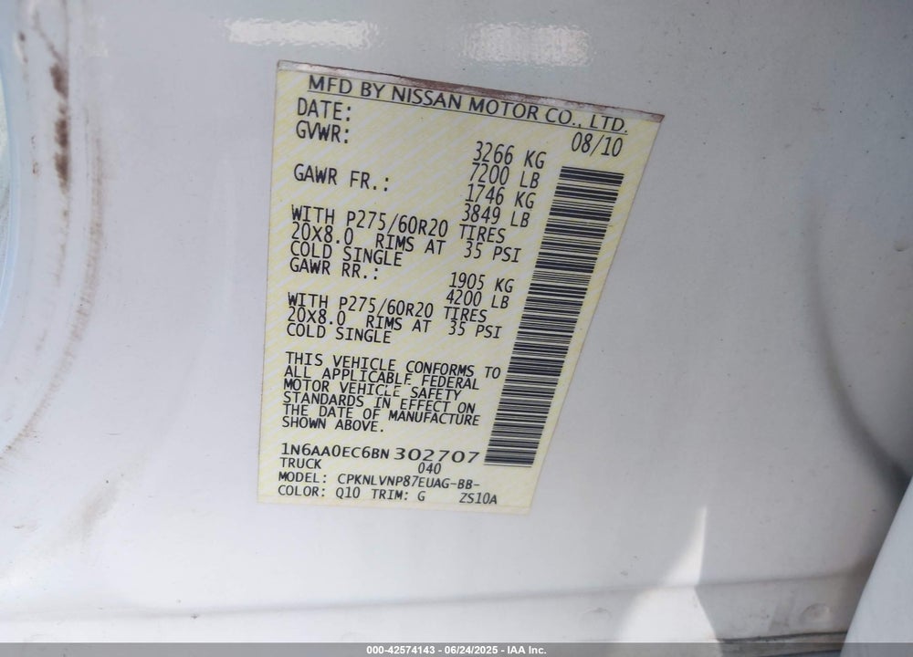2011 NISSAN TITAN VIN: 1N6AA0EC6BN302707