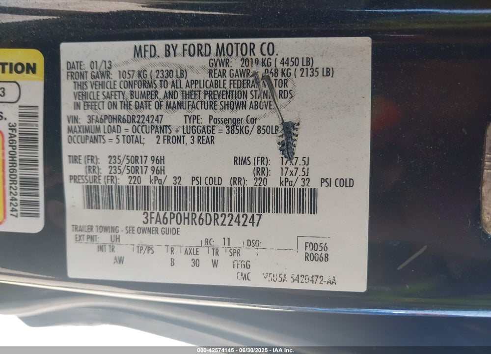 2013 FORD FUSION VIN: 3FA6P0HR6DR224247