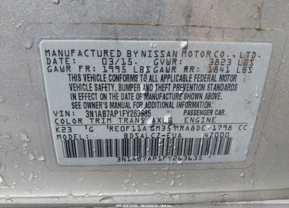 2015 NISSAN SENTRA VIN: 3N1AB7AP1FY263635