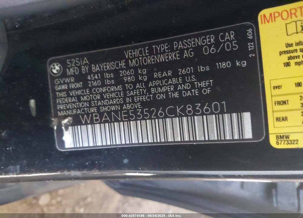 2006 BMW 525I VIN: WBANE53526CK83601