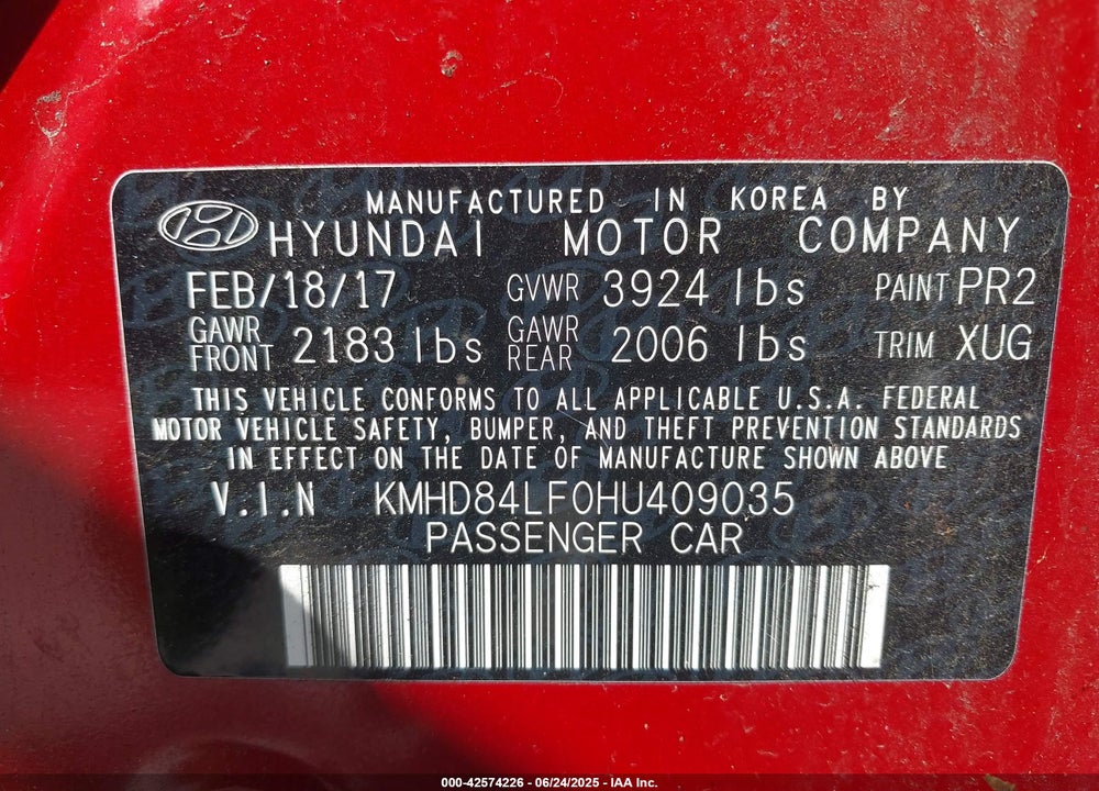 2017 HYUNDAI ELANTRA VIN: KMHD84LF0HU409035