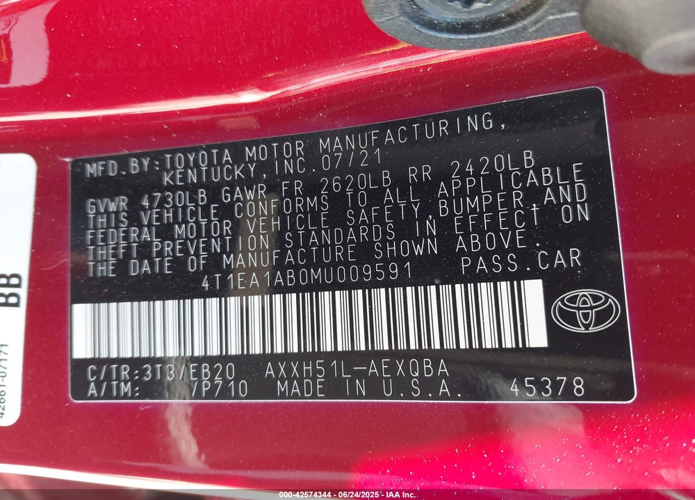 2021 TOYOTA AVALON VIN: 4T1EA1AB0MU009591