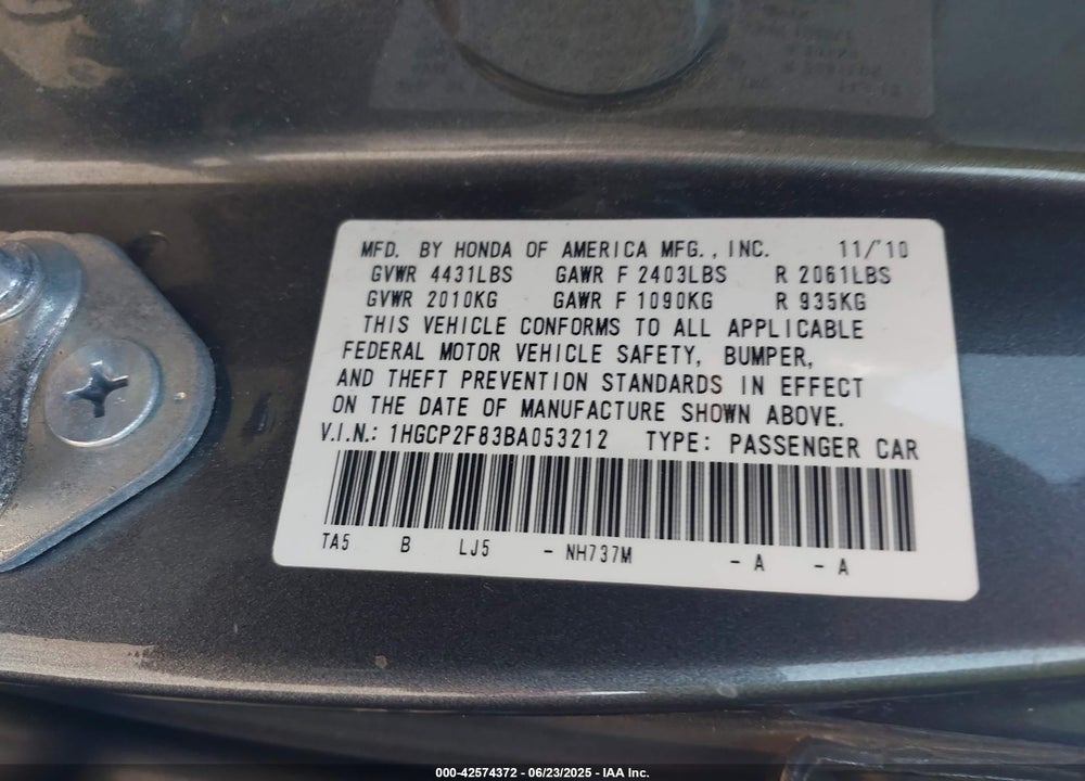 2011 HONDA ACCORD 2.4 EX-L VIN: 1HGCP2F83BA053212