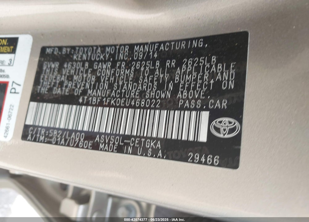 2014 TOYOTA CAMRY VIN: 4T1BF1FK0EU468022