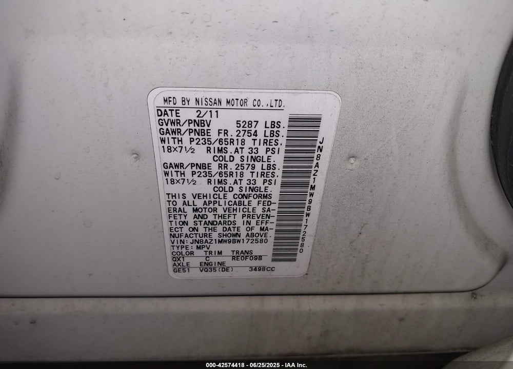 2011 NISSAN MURANO VIN: JN8AZ1MW9BW172580