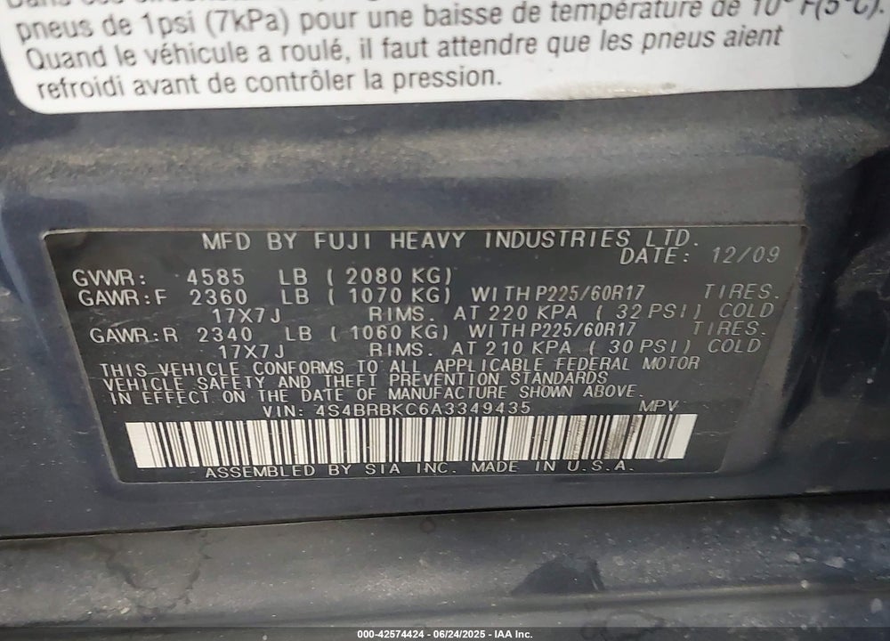 2010 SUBARU OUTBACK VIN: 4S4BRBKC6A3349435