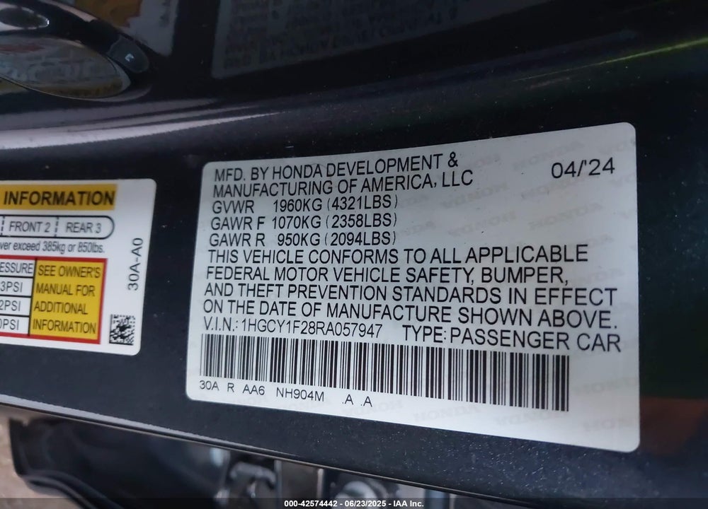 2024 HONDA ACCORD VIN: 1HGCY1F28RA057947