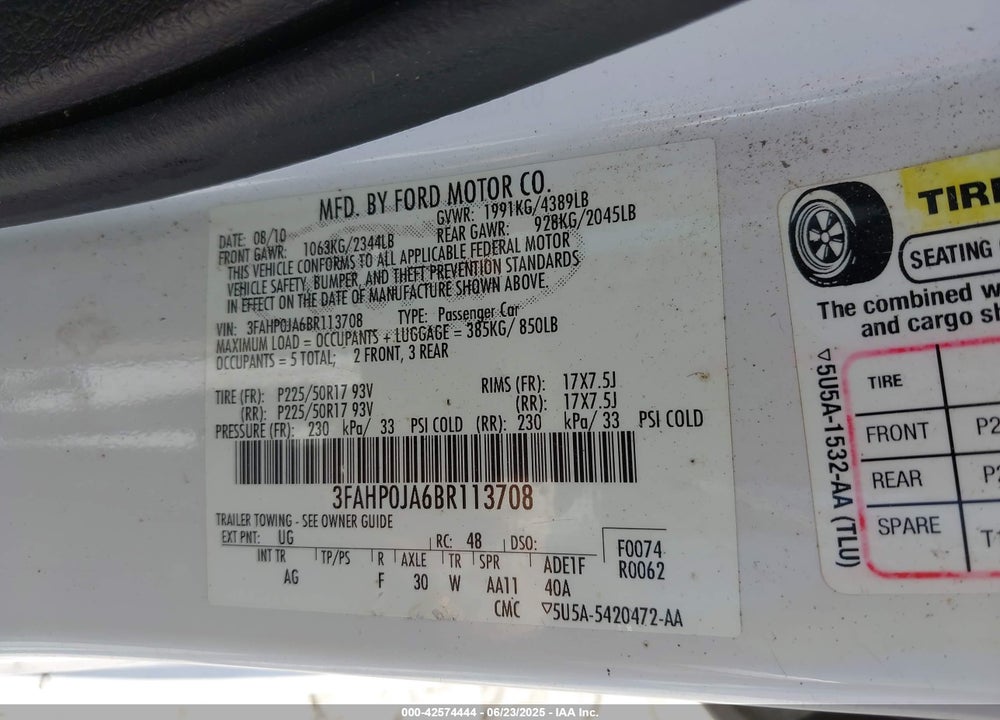 2011 FORD FUSION VIN: 3FAHP0JA6BR113708