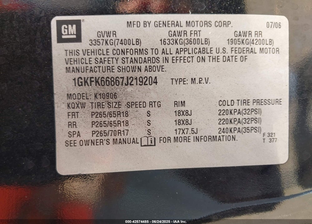 2007 GMC YUKON XL 1500 VIN: 1GKFK66867J219204