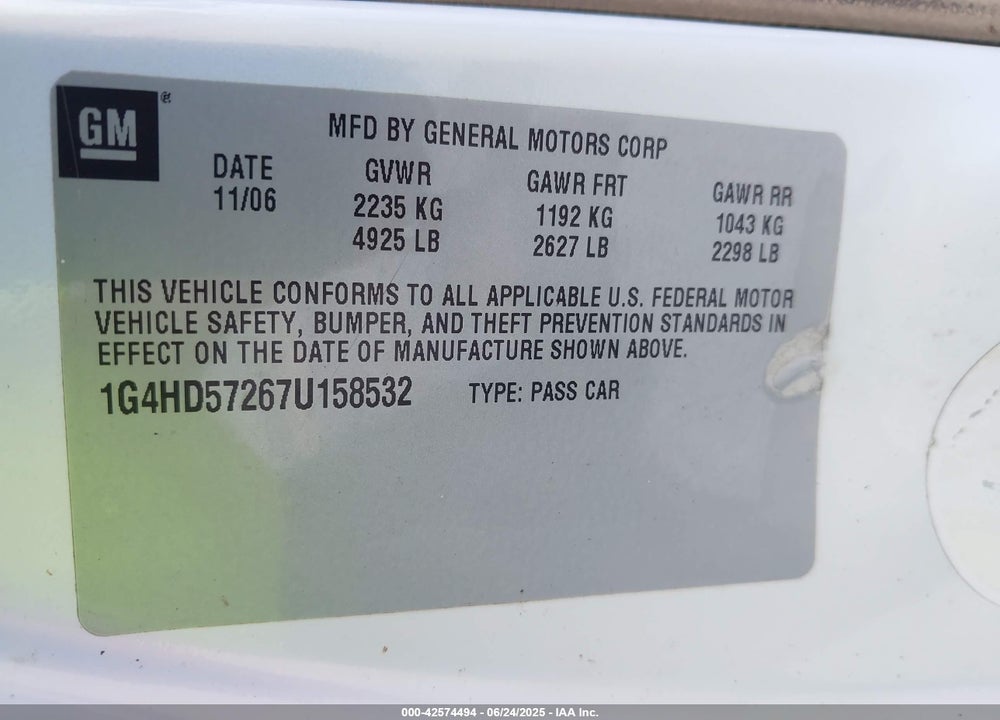2007 BUICK LUCERNE CXL VIN: 1G4HD57267U158532