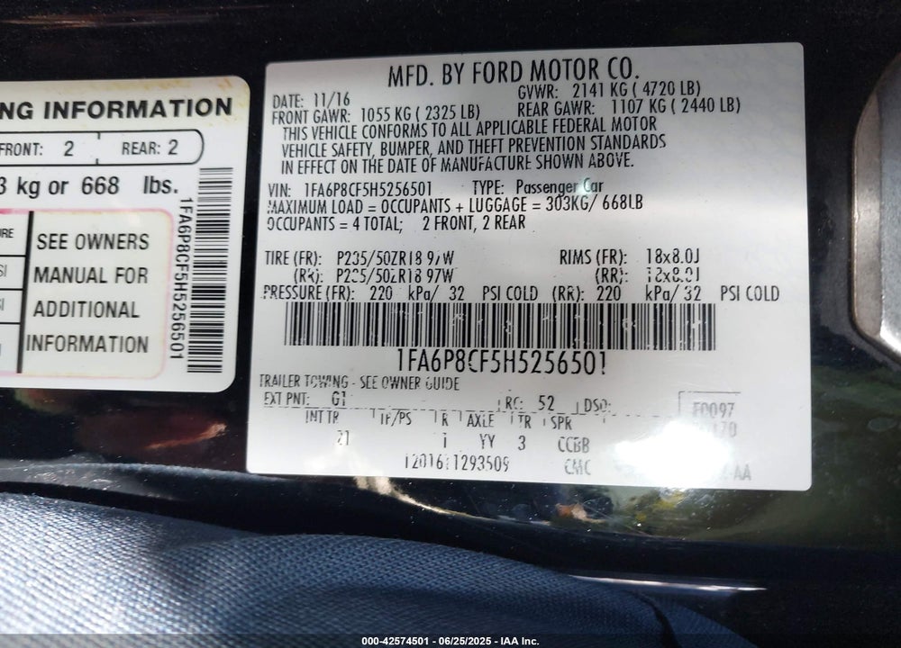 2017 FORD MUSTANG GT VIN: 1FA6P8CF5H5256501