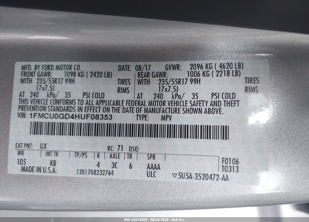 2017 FORD ESCAPE VIN: 1FMCU0GD4HUF08353