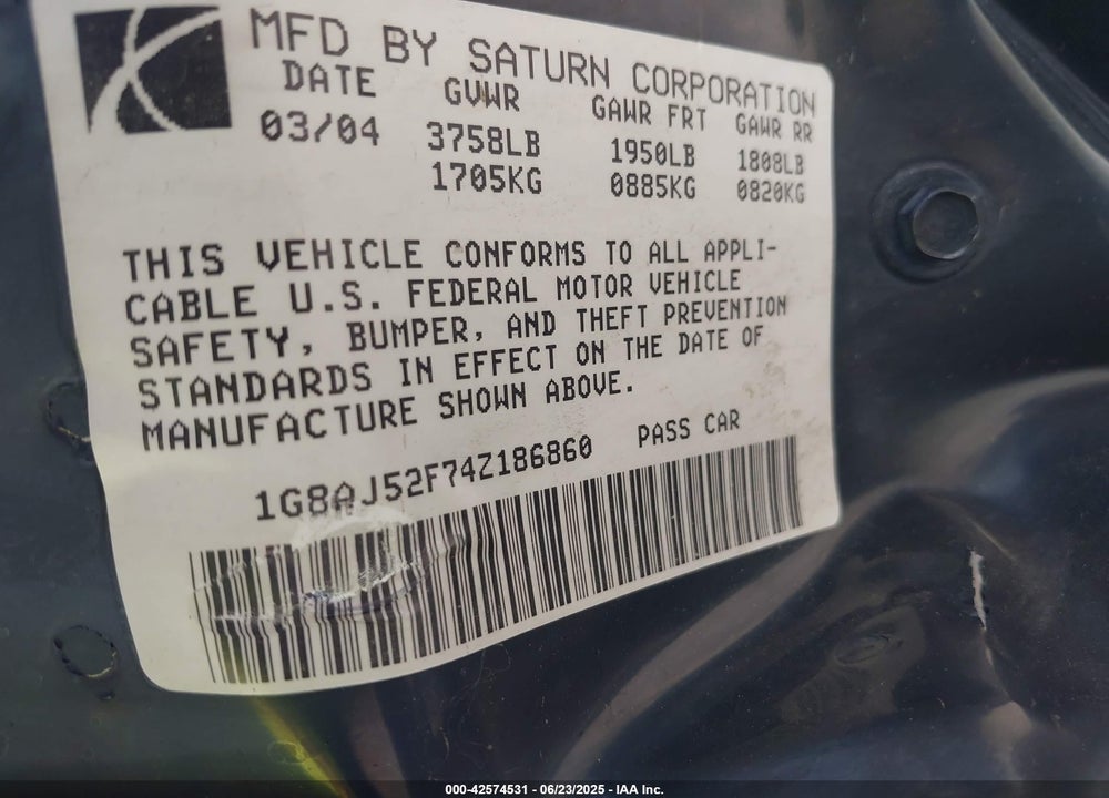 2004 SATURN ION 2 VIN: 1G8AJ52F74Z186860