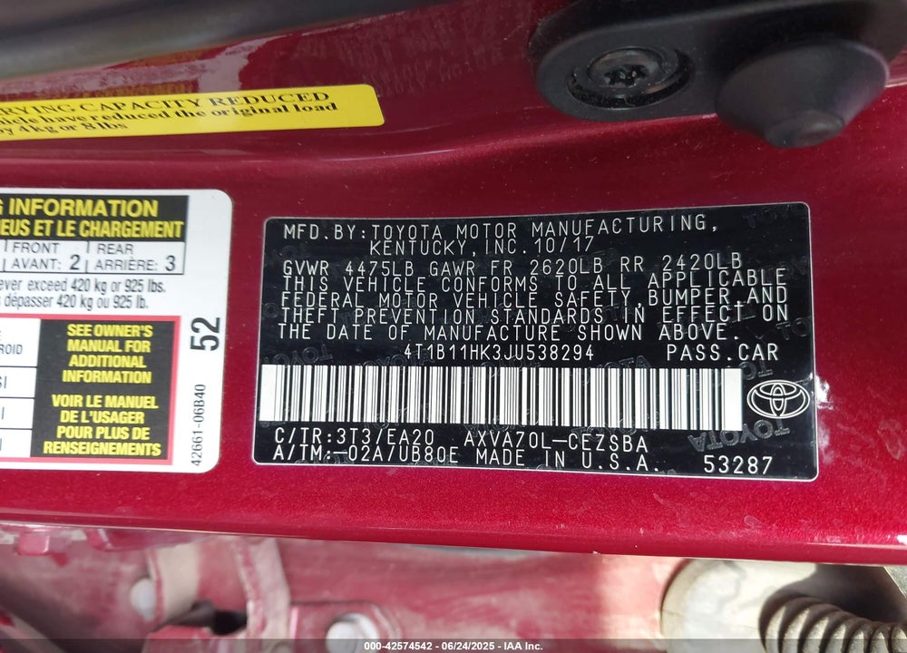2018 TOYOTA CAMRY VIN: 4T1B11HK3JU538294