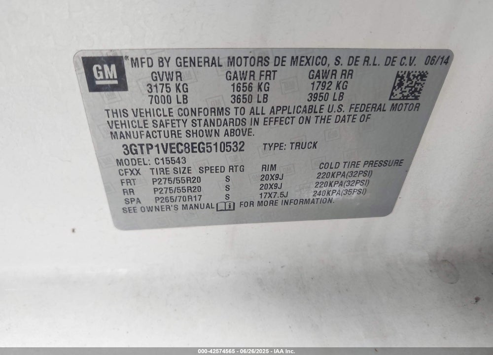 2014 GMC SIERRA 1500 VIN: 3GTP1VEC8EG510532