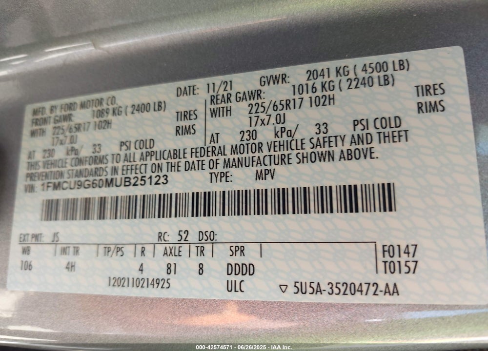 2021 FORD ESCAPE VIN: 1FMCU9G60MUB25123