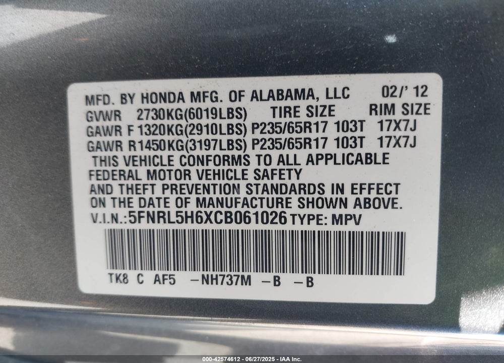 2012 HONDA ODYSSEY VIN: 5FNRL5H6XCB061026