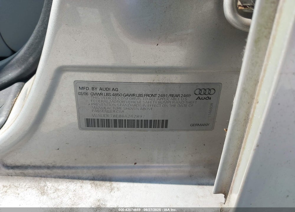 2006 AUDI A4 VIN: WAUDF78E86A242897