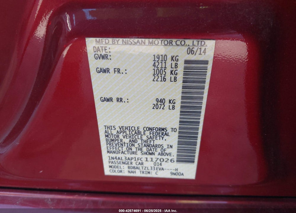 2015 NISSAN ALTIMA VIN: 1N4AL3AP1FC117026