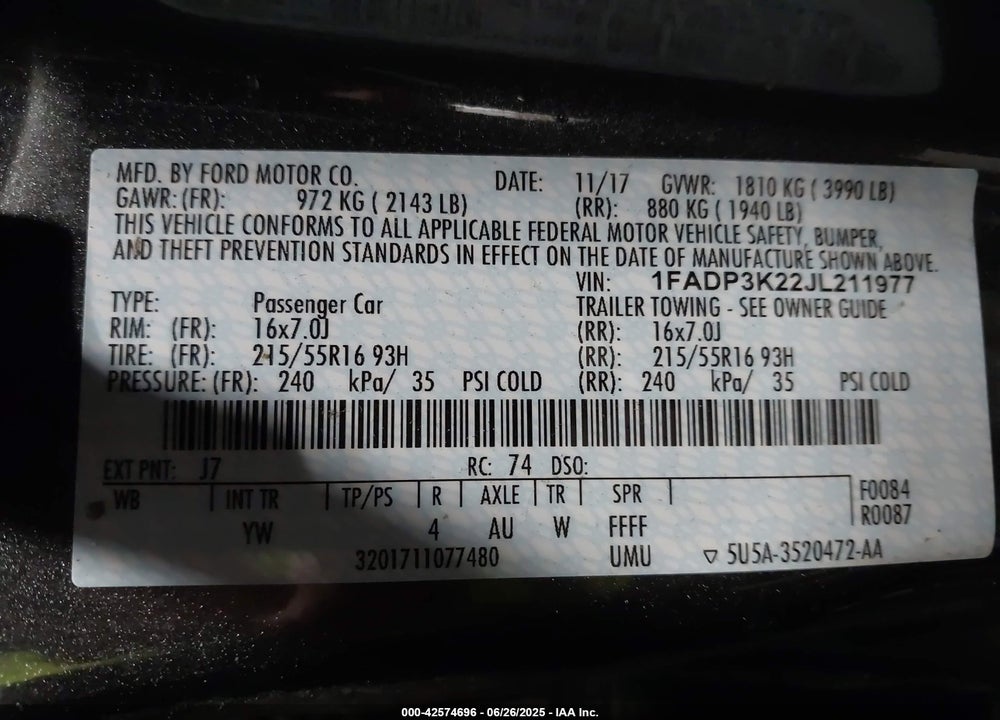 2018 FORD FOCUS SE VIN: 1FADP3K22JL211977