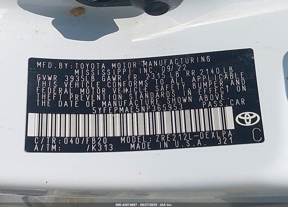 2022 TOYOTA COROLLA VIN: 5YFEPMAE5NP365953