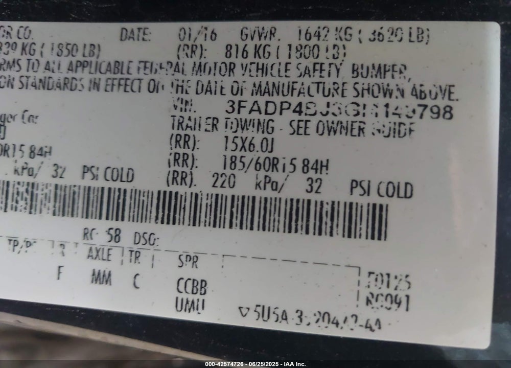 2016 FORD FIESTA VIN: 3FADP4BJ3GM149798