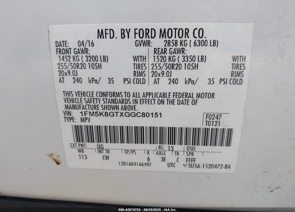 2016 FORD EXPLORER VIN: 1FM5K8GTXGGC80151