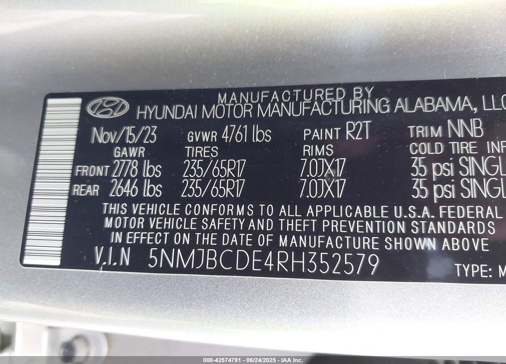 2024 HYUNDAI TUCSON VIN: 5NMJBCDE4RH352579