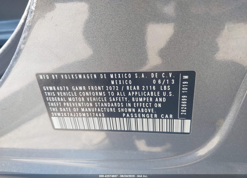 2013 VOLKSWAGEN JETTA 2.0L S VIN: 3VW2K7AJ2DM317443