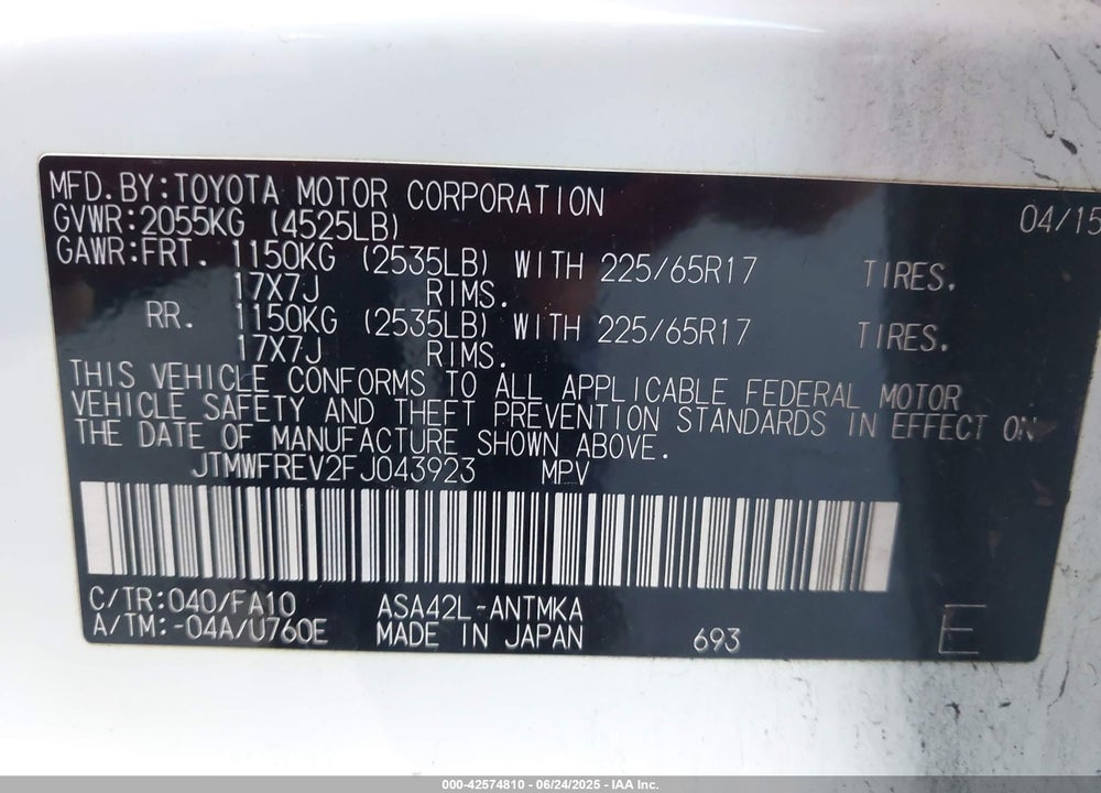 2015 TOYOTA RAV4 VIN: JTMWFREV2FJ043923