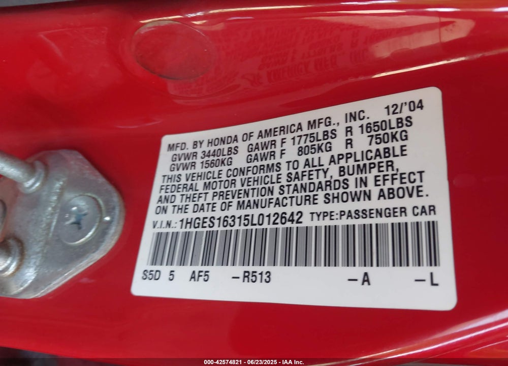 2005 HONDA CIVIC VIN: 1HGES16315L012642