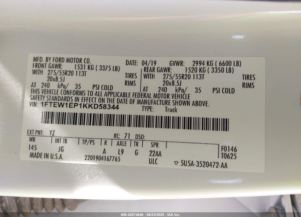 2019 FORD F-150 VIN: 1FTEW1EP1KKD58344