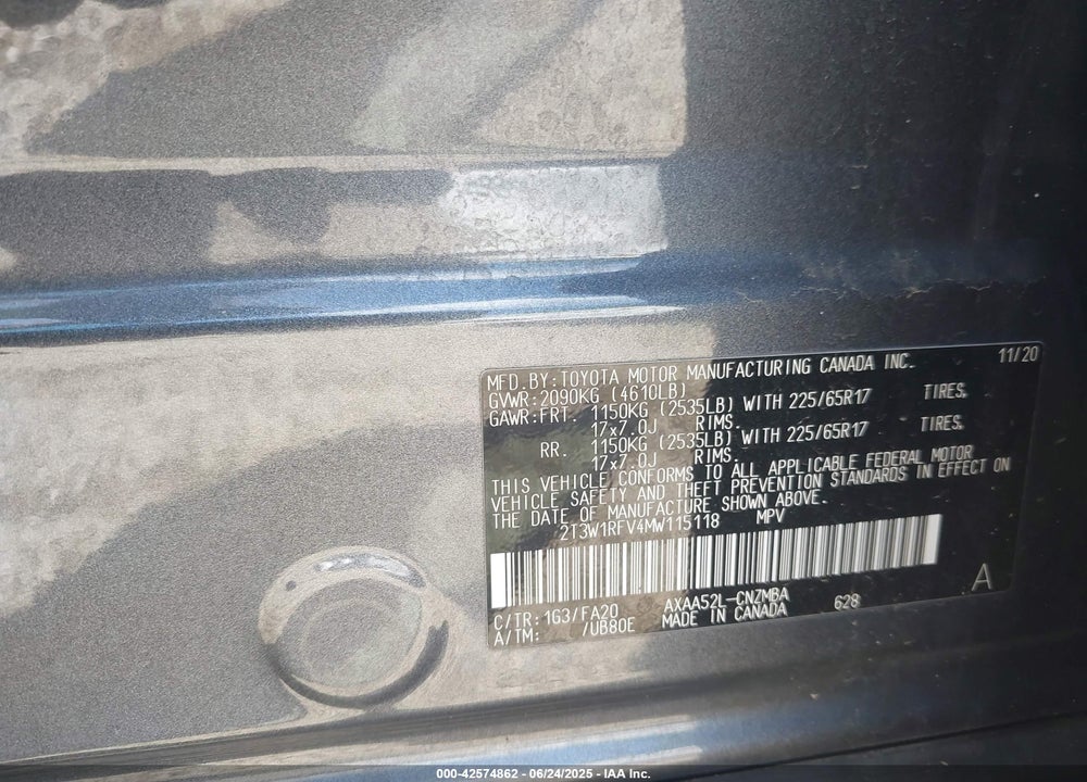 2021 TOYOTA RAV4 VIN: 2T3W1RFV4MW115118