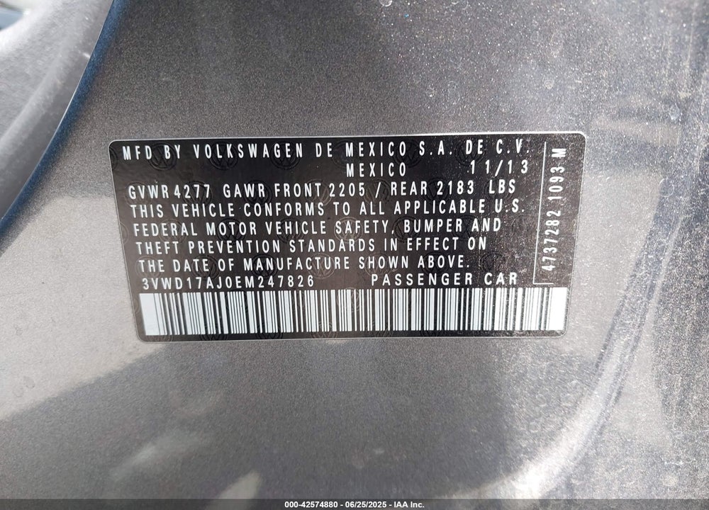 2014 VOLKSWAGEN JETTA VIN: 3VWD17AJ0EM247826