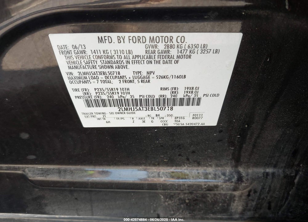 2014 LINCOLN MKT VIN: 2LMHJ5AT3EBL50718