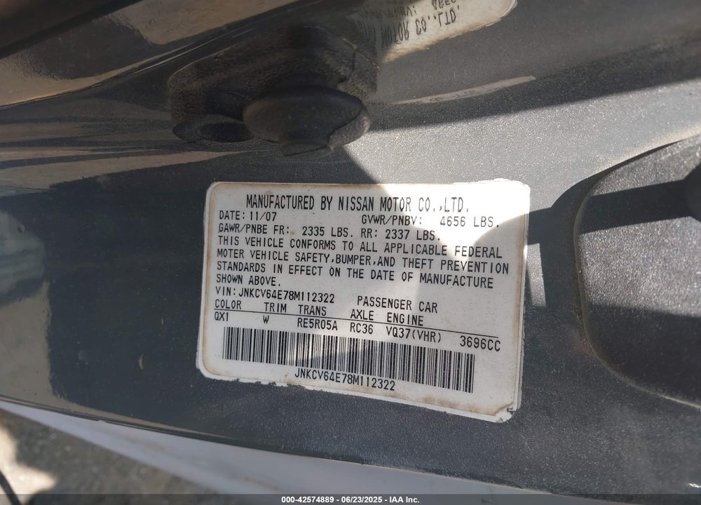 2008 INFINITI G37 VIN: JNKCV64E78M112322