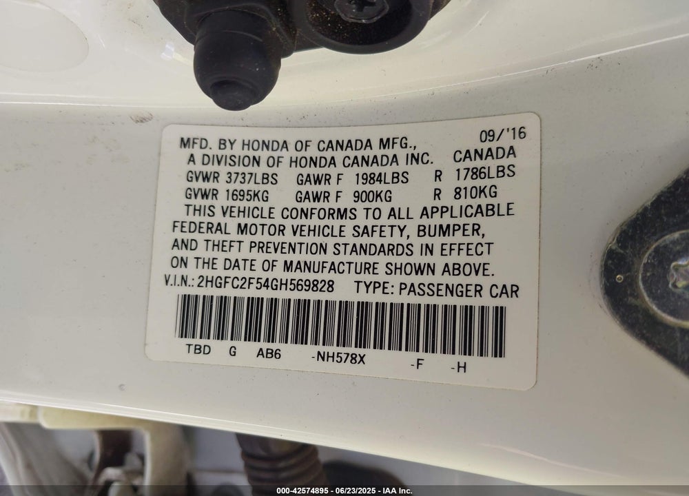 2016 HONDA CIVIC VIN: 2HGFC2F54GH569828