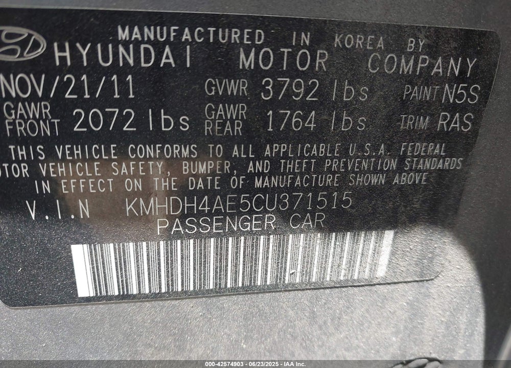 2012 HYUNDAI ELANTRA VIN: KMHDH4AE5CU371515