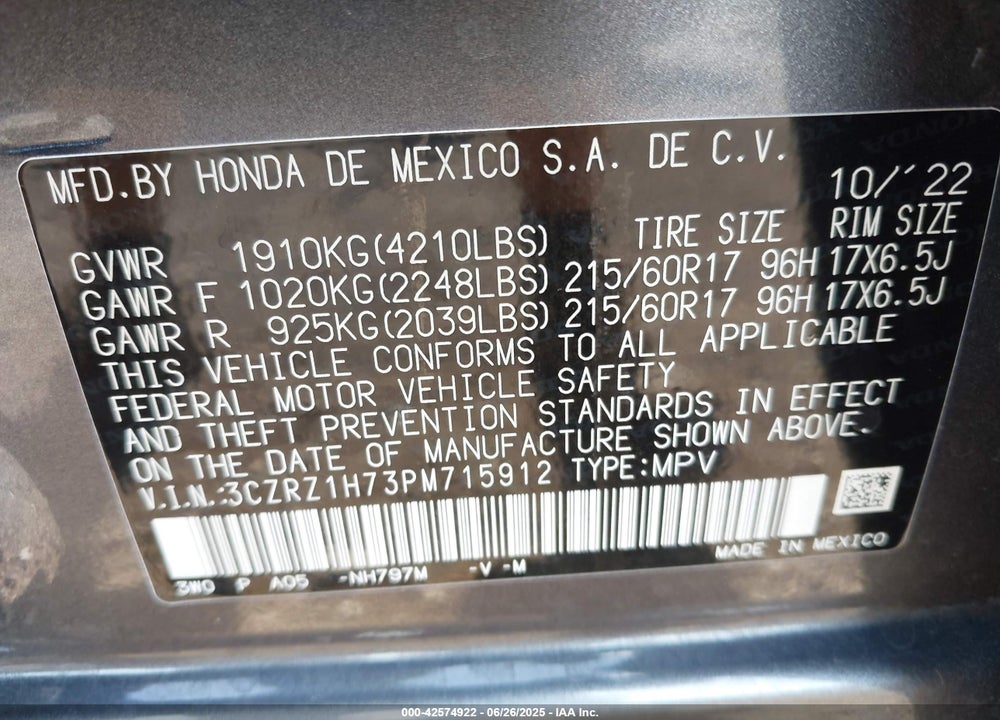 2023 HONDA HR-V 2WD EX-L VIN: 3CZRZ1H73PM715912