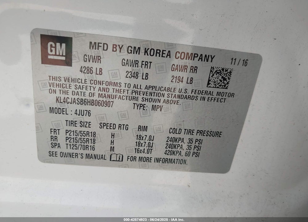2017 BUICK ENCORE VIN: KL4CJASB6HB060907